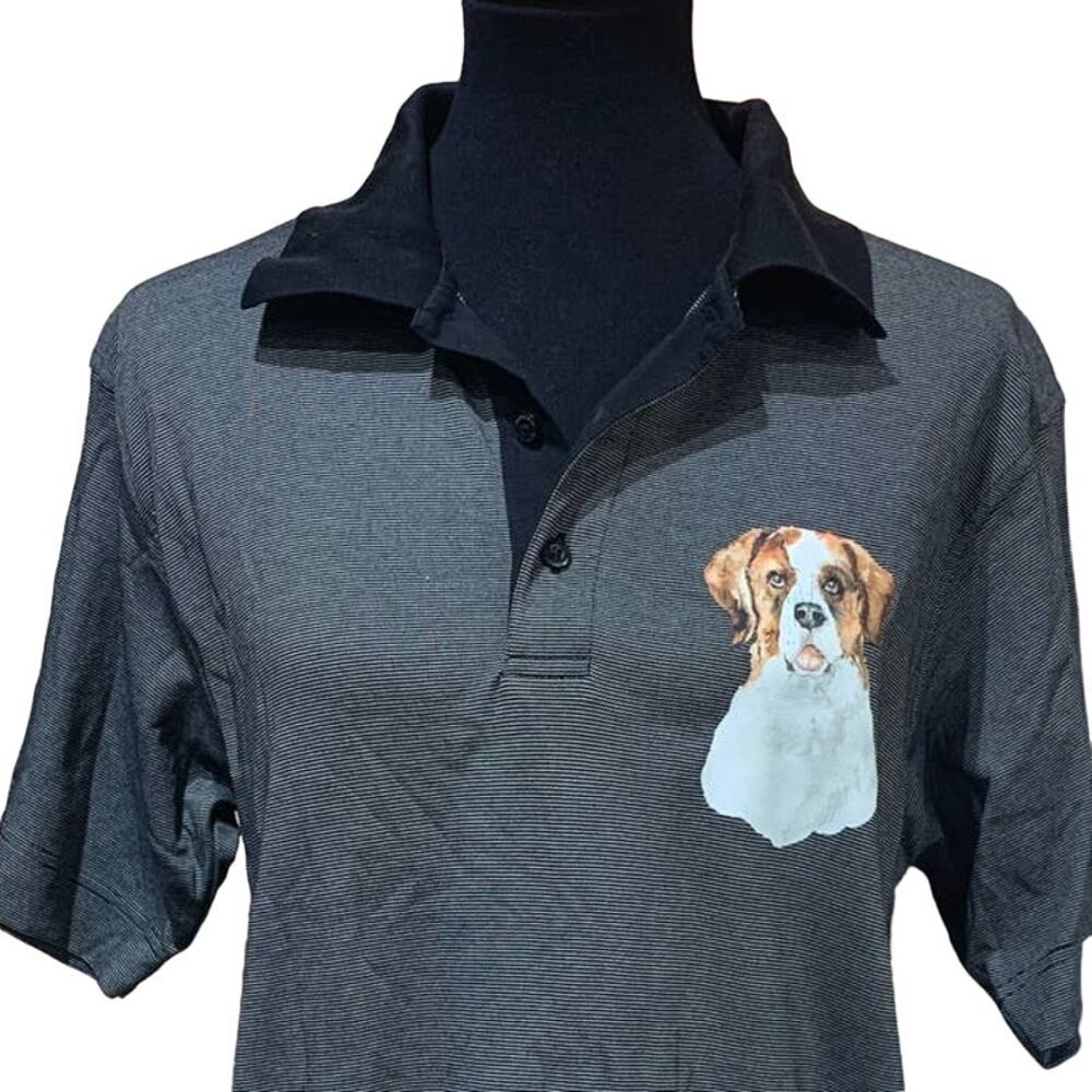 Hand Printed Upcycled Small St Bernard Puppy Dog Collared Striped Polo Shirt